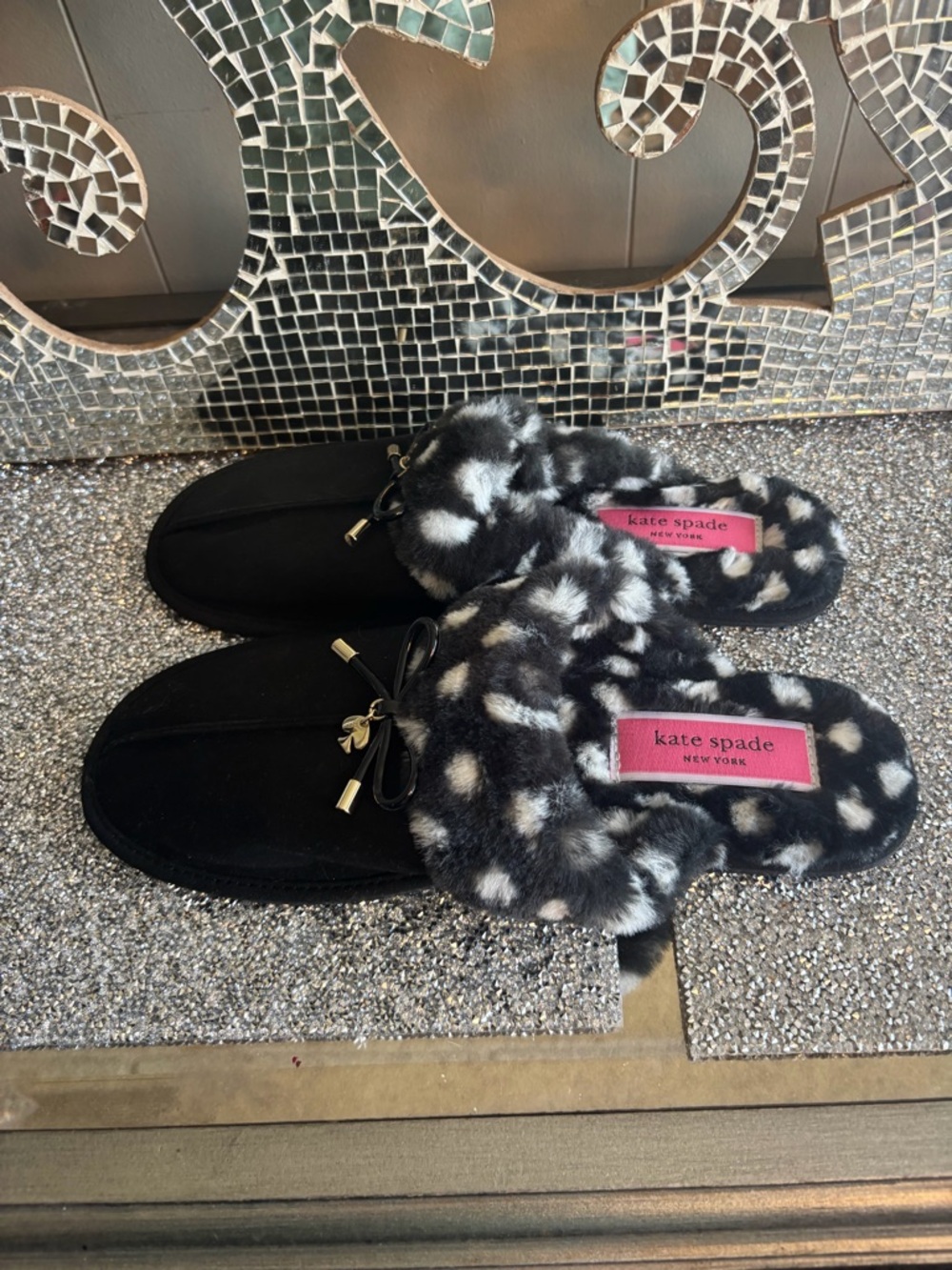 ⭐️kate spade Black Faux Fur Trim Mule Slippers